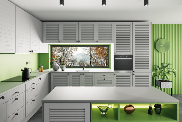 豪华哑光白色灰色和绿色厨房与岛桌在乡村背景图片下载