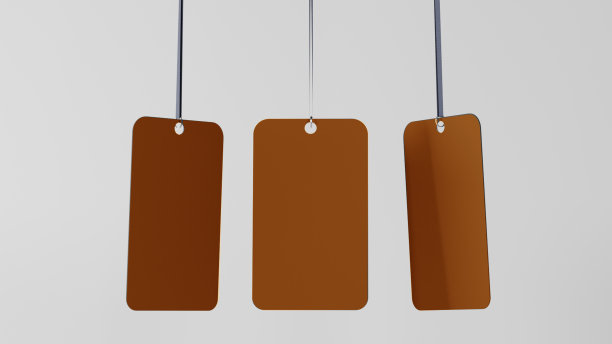 挂在一根绳子上的一组橙色标签。在白色干净的背景上的模型图片下载