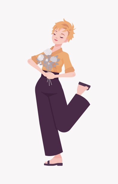 年轻女子日式办公室装，少女捧花姿势图片下载