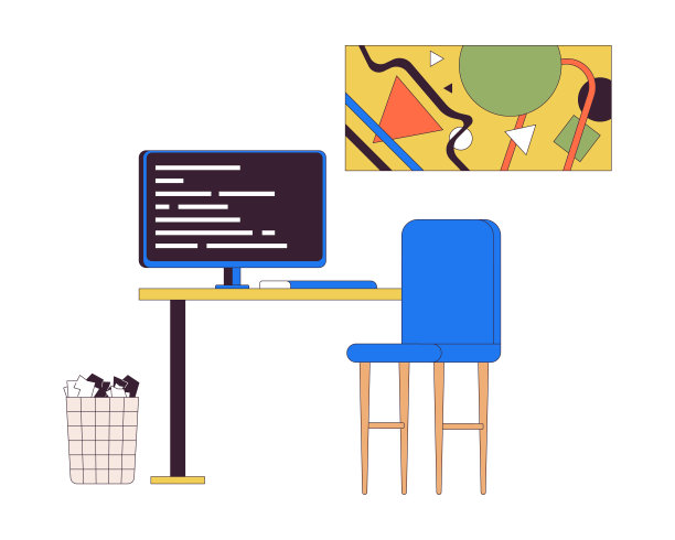 用电脑办公场所二维线性卡通对象图片下载