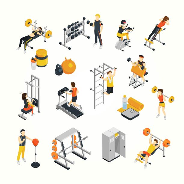 健身等距图标集的人训练健身房使用运动器材图片下载