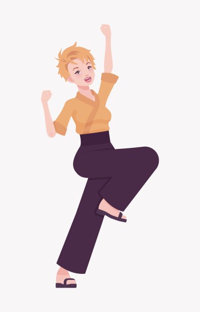 年轻女子日式办公室装，可爱少女的快乐姿势图片下载