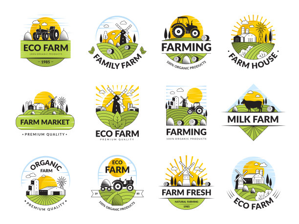 农场徽章。农业标签收集与村的房子和动物最近向量农场图片收集徽章标签农业设计图片下载