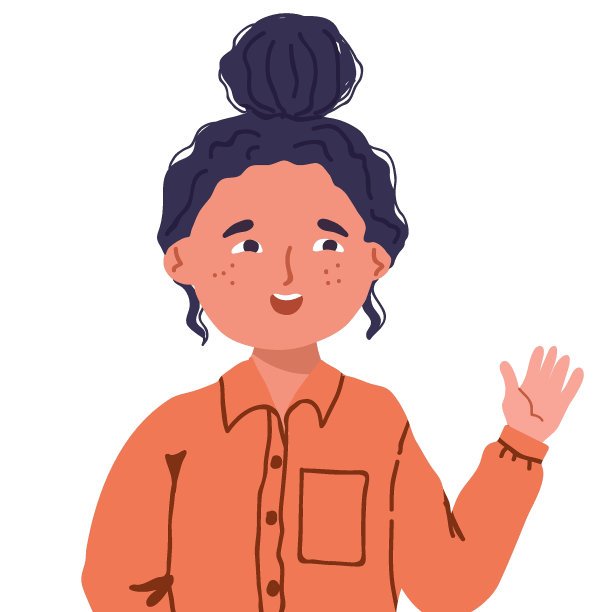 一个可爱的快乐的学龄前儿童，一个头顶着一簇头发的女学生，挥手打招呼。微笑友好的孩子愉快地打招呼。孩子，女学生，角色打招呼，告别。白色背景上的平面矢量插图图片下载