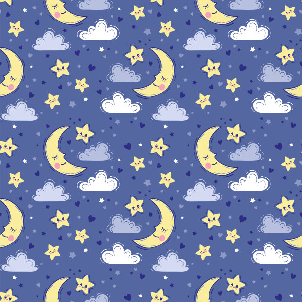 矢量手绘无缝图案。可爱的背景与熟睡微笑的月亮，星星，云。夜空，浅蓝色的婴儿印花图片下载