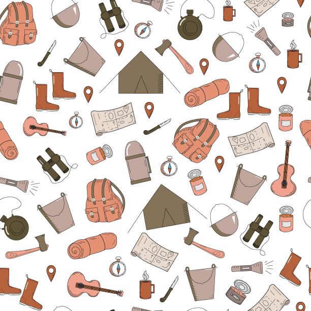 模式露营，装备集业余游客。旅游、远足、旅游、户外休闲。背包、帐篷、垫子、水瓶、热水瓶、食物。胶靴，指南针。涂鸦画。矢量无缝模式。图片下载