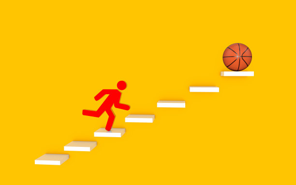 棍棒人跑向橙色背景的梯子上的篮球图片下载