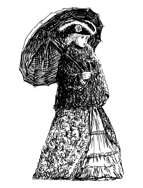 女士，贵妇，毛皮大衣，长裙，帽子，伞，时尚，历史服装，18世纪，戏剧，素描，矢量手绘插图孤立在白色图片下载