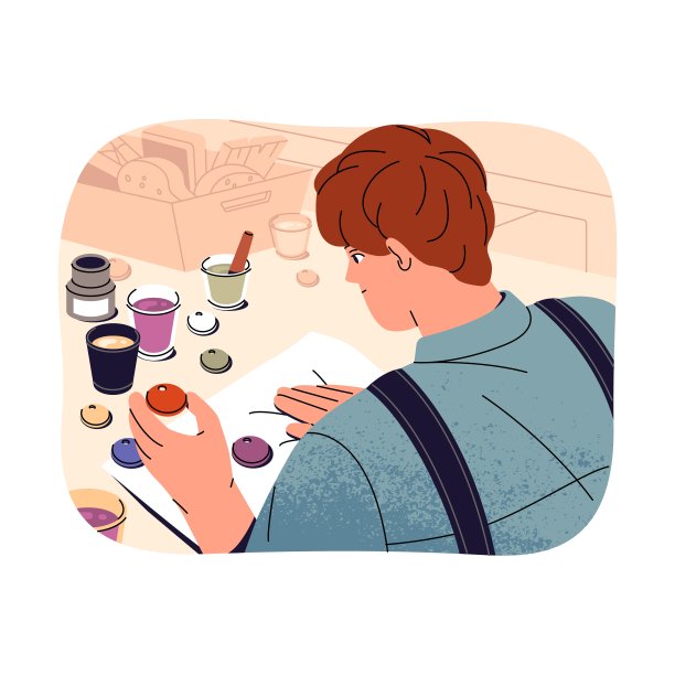 陶艺家手里拿着陶瓷制品上色。一个年轻人在陶艺作坊里摆弄粘土。工匠手工绘画首饰、吊坠。平面隔离矢量插图上的白色背景图片下载
