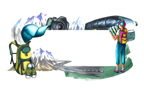 一个游客拿着相机，背景是山和一辆旅游巴士。旅行背包和运动鞋。水彩手绘插图。专为传单，横幅和明信片图片下载