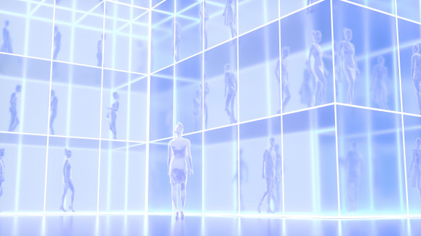 商务人士在办公大楼，霓虹灯照明图片下载