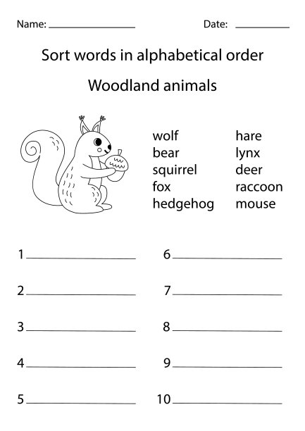 把单词按字母顺序排序。森林的动物。图片下载