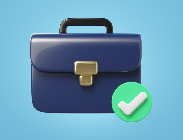 3D黑色公文包与金锁，检查标记浮动孤立的蓝色背景。找工作，通过就业，得到工作的概念。卡通图标流畅插图。3 d渲染。剪切路径。图片下载