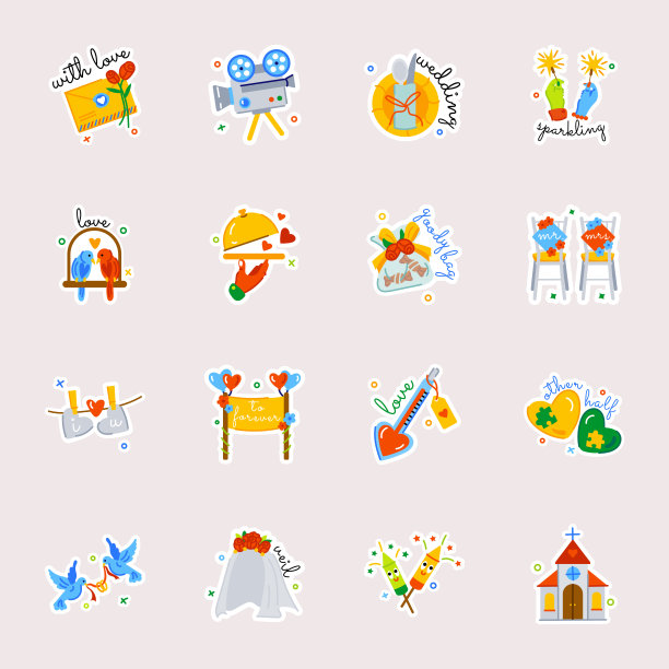 一套婚礼扁平贴纸图片下载