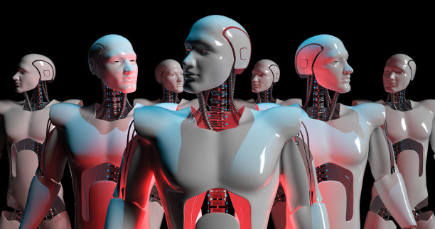 一群未来的人工智能机器人慢慢地检查和环顾四周。图片下载