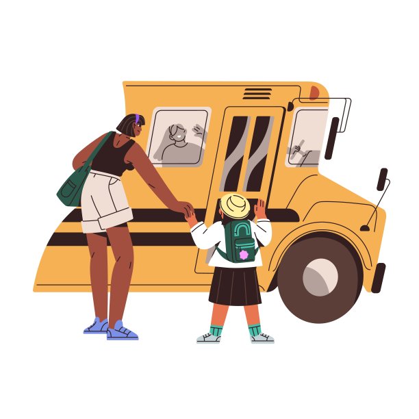母亲带着小女孩到运输站后视图。小学生背着书包向校车内的朋友打招呼，挥手致意。平面隔离矢量插图上的白色背景图片下载