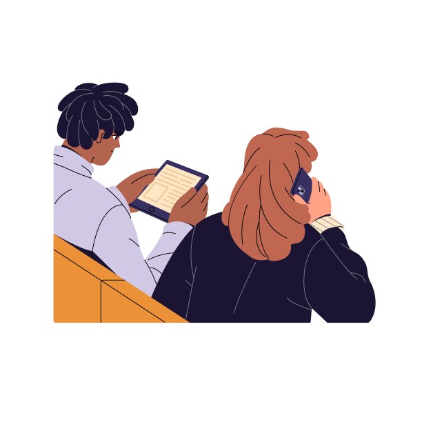 人们坐在椅背上。人物在等待期间阅读电子书、上网、用智能手机打电话。人拿手机，用平板电脑。平面隔离矢量插图上的白色背景图片下载