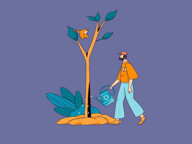 平面字符矢量概念操作手绘插图植树节植树在春天图片下载
