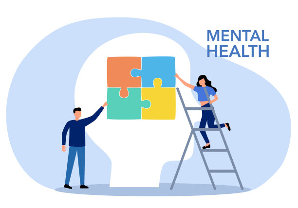 男人和女人把脑袋里的拼图片连在一起。心理健康意识概念。图片下载