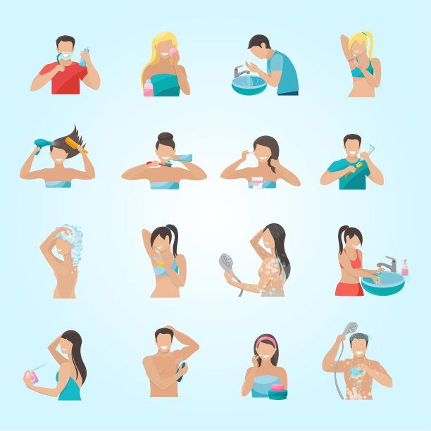 卫生图标平面设置，人们刷牙、洗脸、洗澡图片下载