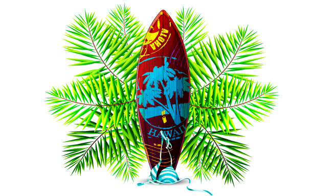 夏日异国情调的卡通度假概念。带有夏威夷图案和棕榈叶的木制冲浪板，白色背景上的比基尼上装。时尚的热带矢量集。图片下载