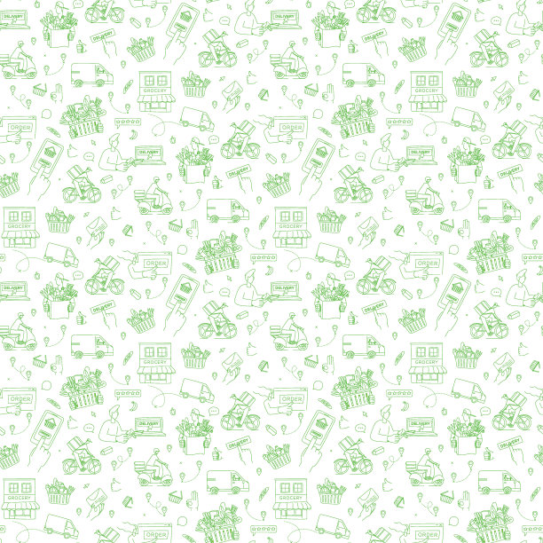 移动应用程序订购杂货。快递交付。无缝线条图案图片下载