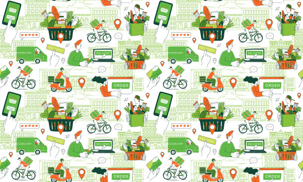 移动应用程序订购杂货。快递交付。无缝线条图案图片下载