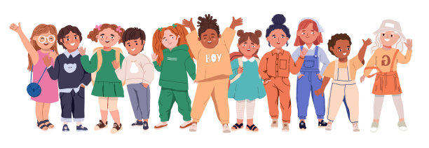 一群快乐的孩子。可爱多样欢快的孩子们在庆祝，挥手，问候。快乐兴奋的幼儿园小朋友，小女孩和小男孩。平面图形矢量插图隔离在白色。图片下载