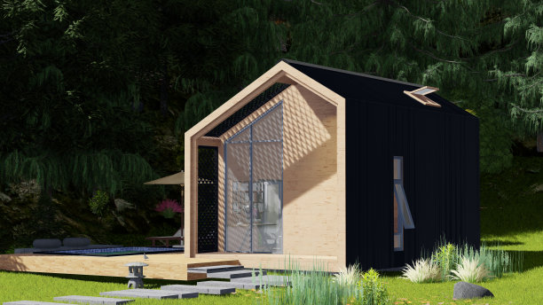 北欧风格的房子，前面有湖景。被大自然包围，3D设计，房屋3D模型。图片下载