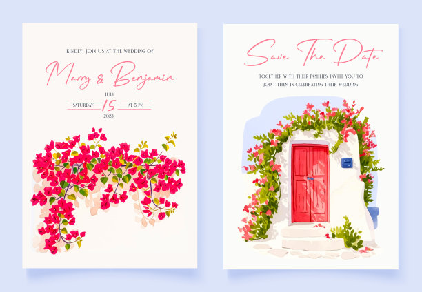 婚礼请柬手绘水彩春天粉红色三角梅花的背景图片下载