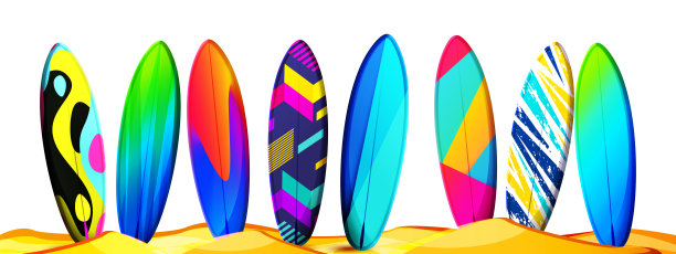 现代风格的夏季异国度假的概念。冲浪板与夏季热带彩色图案在沙滩上的白色背景。时尚的热带矢量集。图片下载