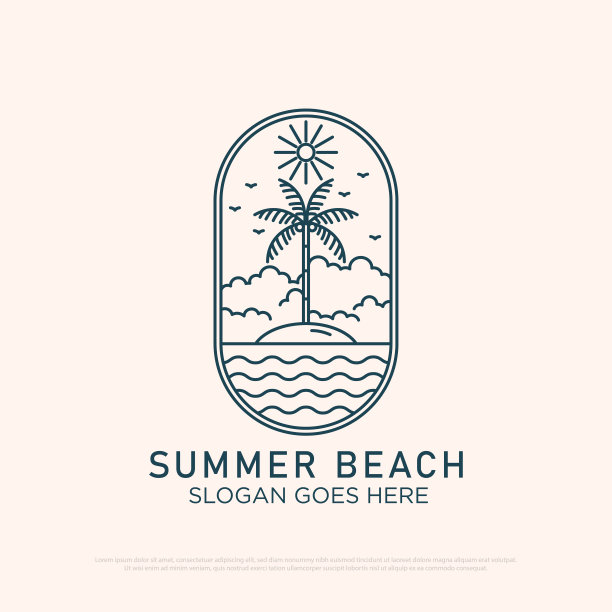 旅游海滩标志设计与线条艺术简单的矢量极简主义插画模板图片下载