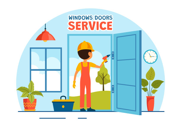 门窗安装服务矢量插图与工人家庭维修和装修使用工具在平面儿童卡通背景设计图片下载