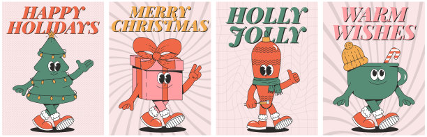 圣诞快乐，新年好海报套装。时髦的俏皮角色。复古卡通元素和形状。矢量素材图片下载