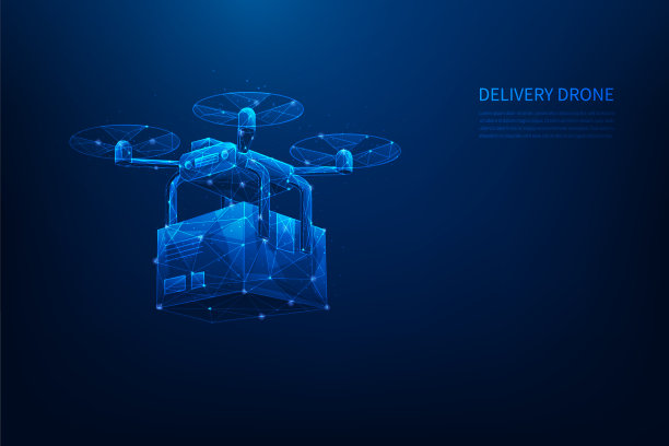 未来物流无人机封装技术低聚线框。送货和购物的概念。矢量插图梦幻般的蓝色背景设计。图片下载