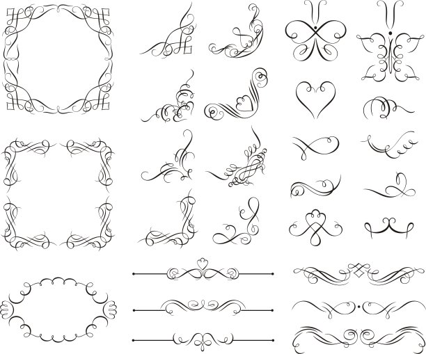 复古华丽的书法框架、边框、角、线条、蝴蝶、心形豪华元素矢量素材图片下载