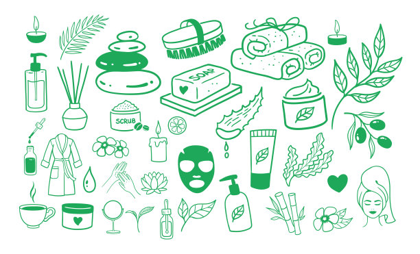 水疗沙龙配件与草药化妆品集图片下载