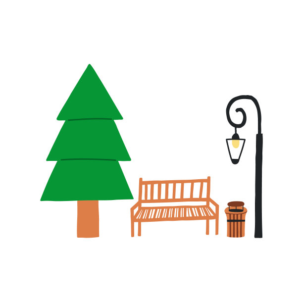 手绘树公园长椅和灯笼图片下载