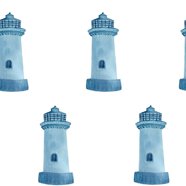 灯塔无缝图案手绘水彩孤立在白色。高品质的蓝色单色插图，用于包装纸，纺织品，壁纸，笔记本，纪念品，房间装饰图片下载