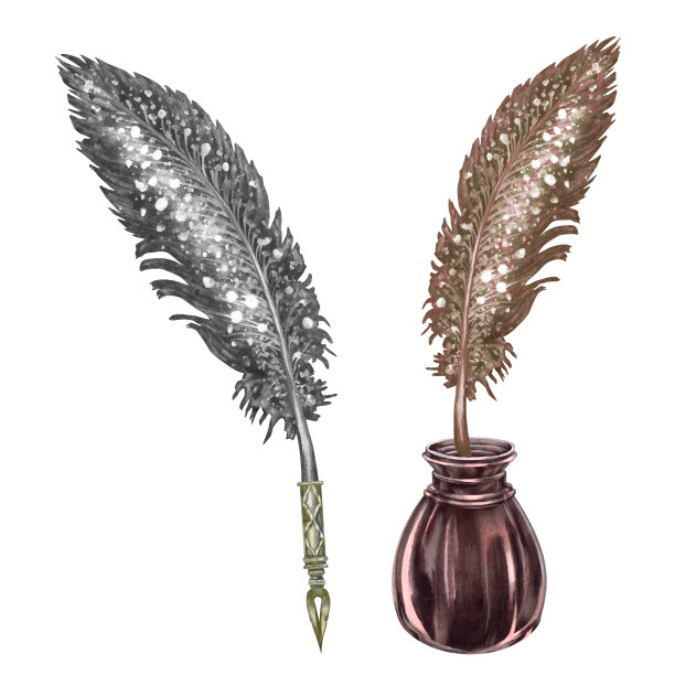 古董写作套古董钢笔与金和银的尖端，古董墨水瓶。为图书日，教师节，古玩，图书馆，书法家设计模板的水彩插图图片下载