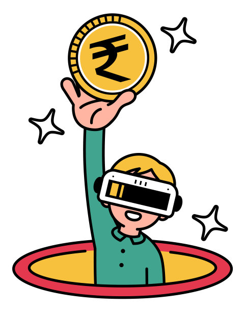 戴着VR眼镜的男孩从虚拟洞中跳出进入元宇宙并展示金钱图片下载