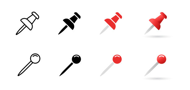 推针图标。画大头针，图钉和办公室按钮标志。回形针，笔记提醒，附件图钉符号。红色的图标集在卡通风格。图片下载