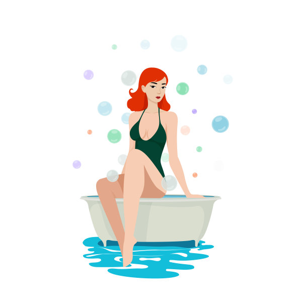 一个穿着泳衣的女人坐在浴缸里，周围都是泡泡，一头红发，穿着黑色泳衣，图片下载