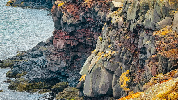 从冰岛多岩石的海岸线俯瞰大西洋。冰岛风景的照片，美丽的云和平静的海洋在春天图片下载