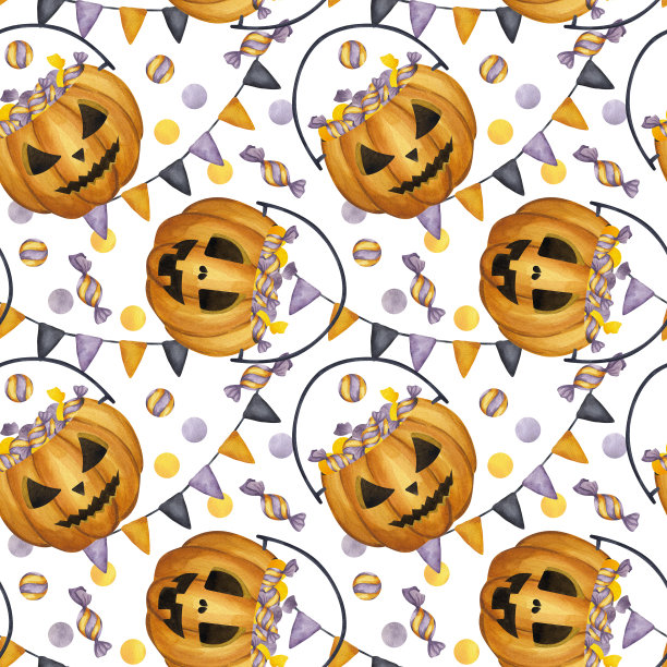 万圣节无缝图案杰克灯笼，雕刻橙色南瓜，桶甜糖，花环旗。卡通剪纸艺术。手绘水彩插画背景。用于纺织品设计、包装纸。图片下载