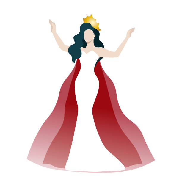 一个优雅的选美皇后，穿着美丽的白色晚礼服，配上红色调的披肩图片下载