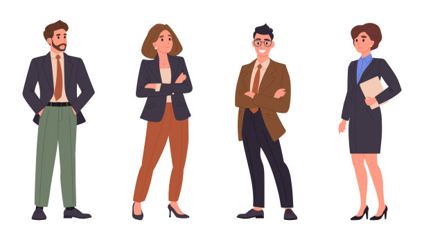 办公室的同事们。卡通商务人士，穿着正式商务服装的忙碌人物，商务团队成员平面矢量插画集。专业人物团队图片下载