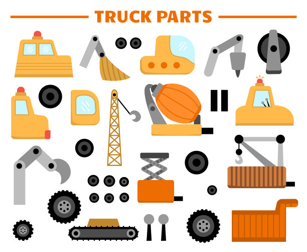 矢量卡车备件集。收集特别运输资料。建筑工地，道路工程，建筑运输标志，车身，舱室，车轮，铲斗，起重机，推土机，拖拉机，卡车平台图片下载
