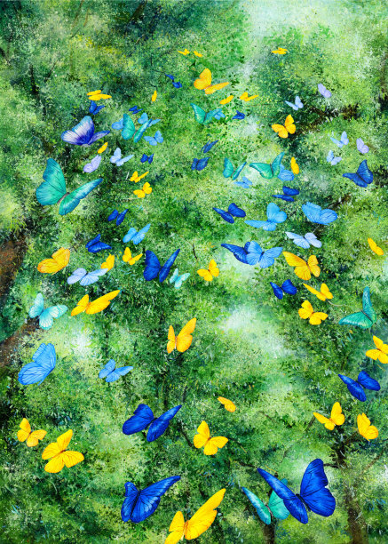 水彩森林背景，树林里的蝴蝶，图片下载