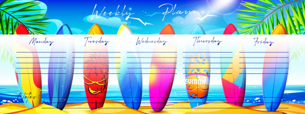 卡通风格的夏日异国度假的概念。沙滩上的冲浪板上有夏日热带的彩色图案，背景是夏日热带的阳光景观。时尚的夏季每周计划。图片下载